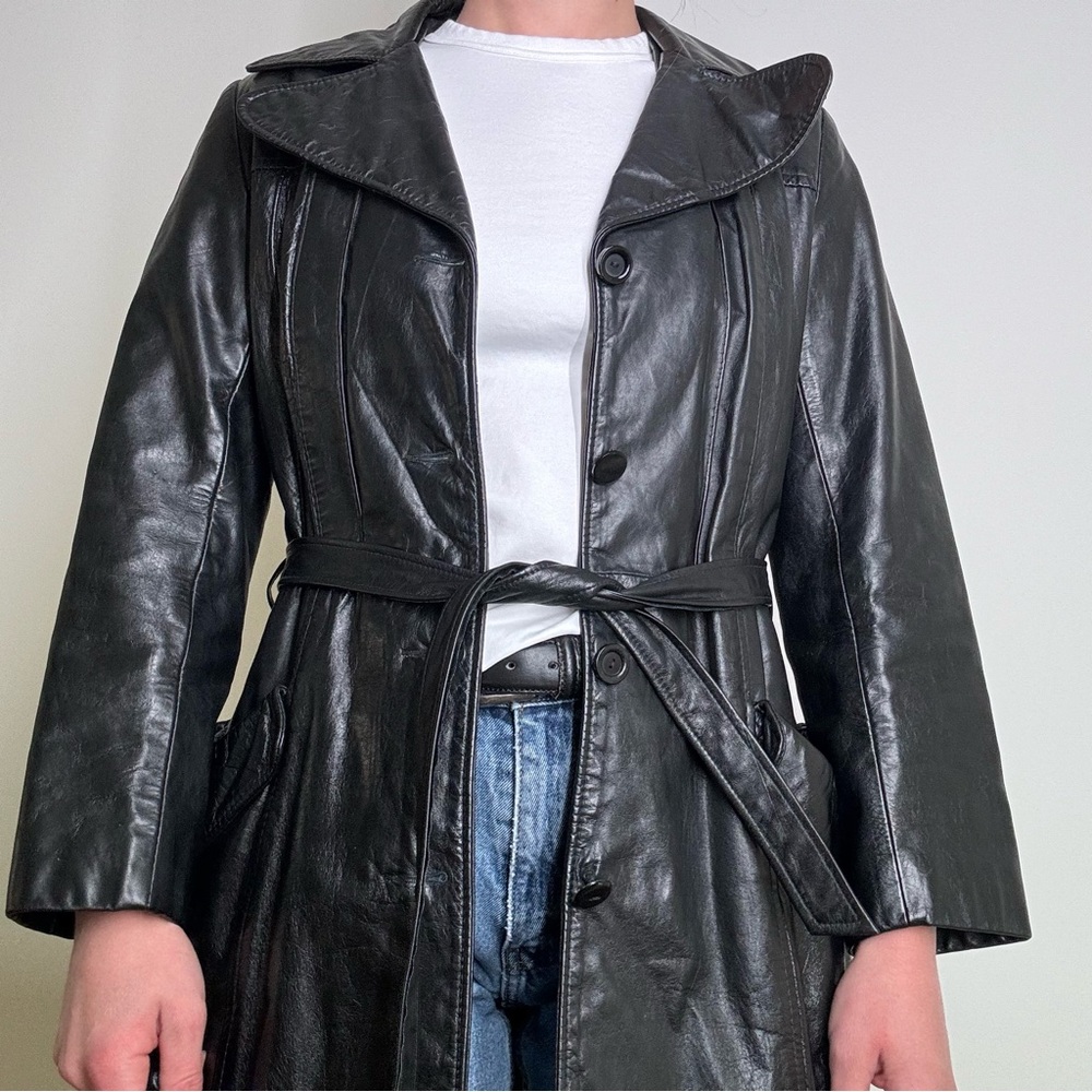 VINTAGE black leather Long coat Matrix trench